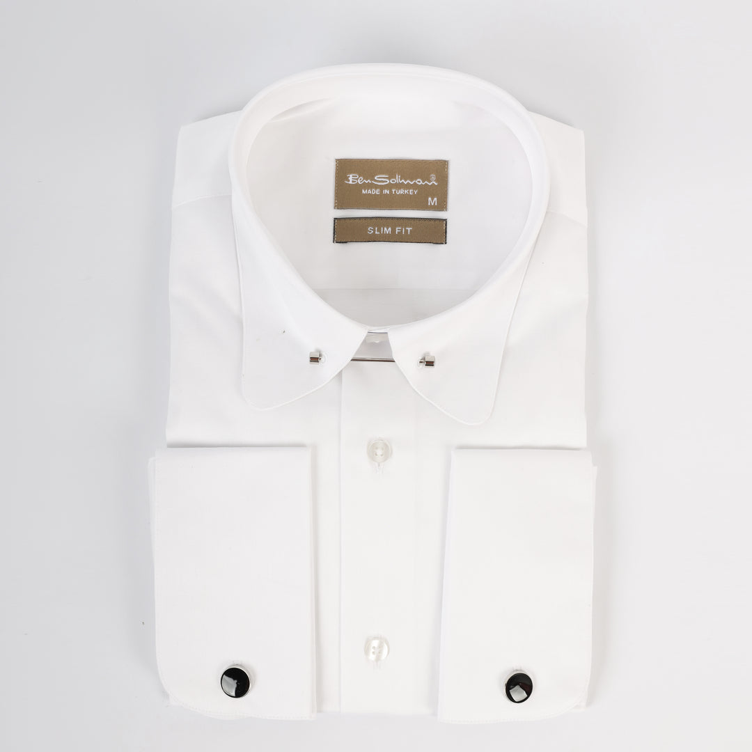 Slim Fit White Double cuff Cotton Shirt - lapel pin-Turkish Made