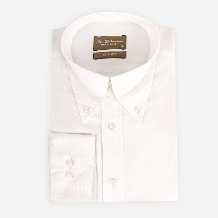 Slim Fit White Formal Cotton Shirt - Long Collar-Turkish Made