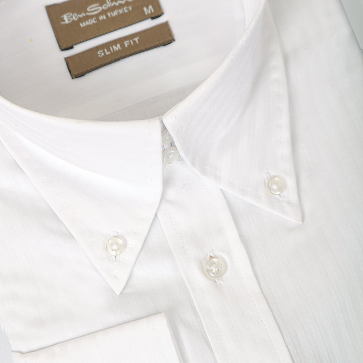 Slim Fit White Formal Cotton Shirt - Long Collar-Turkish Made