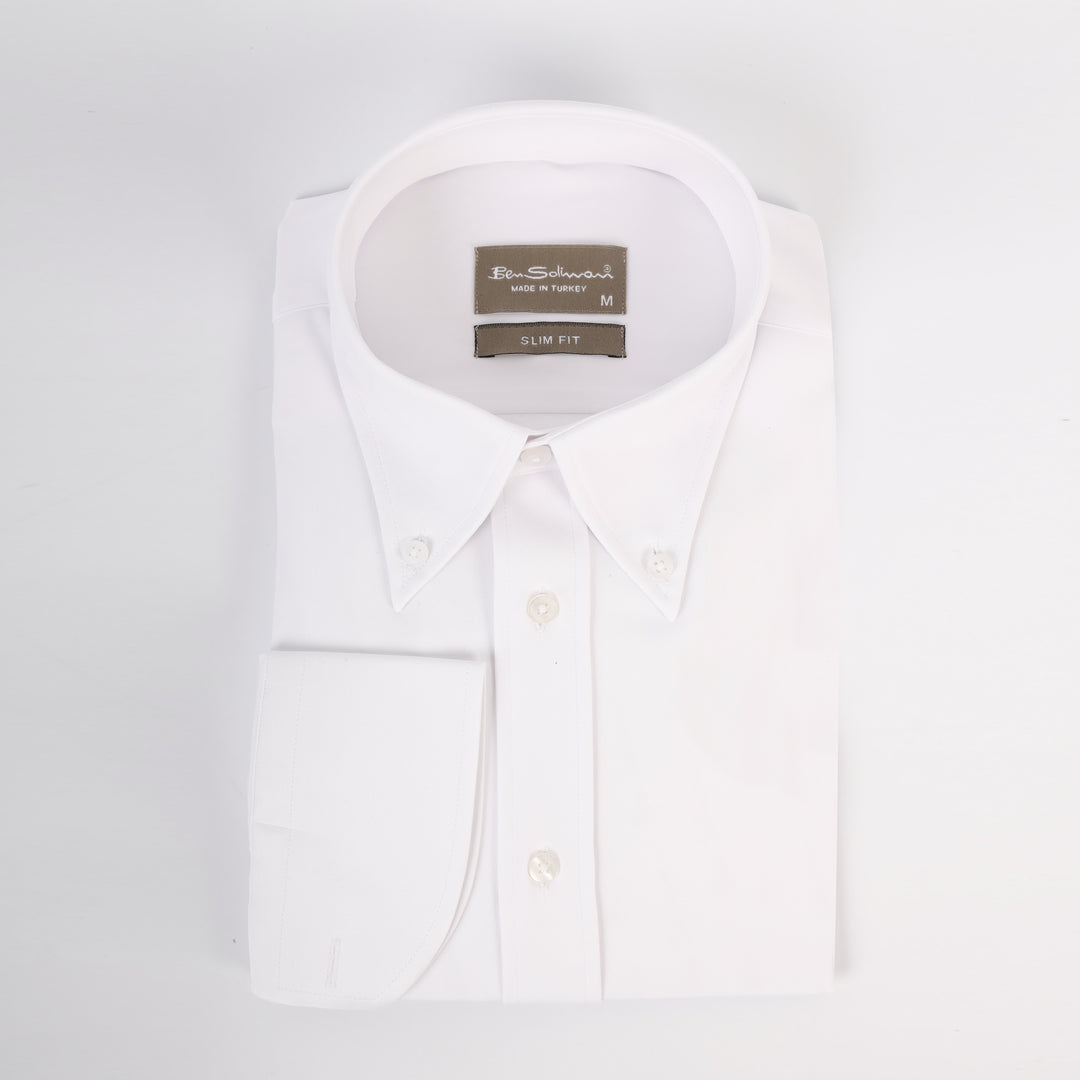 Slim Fit White Formal Stretch Shirt - Long Collar-Turkish Made