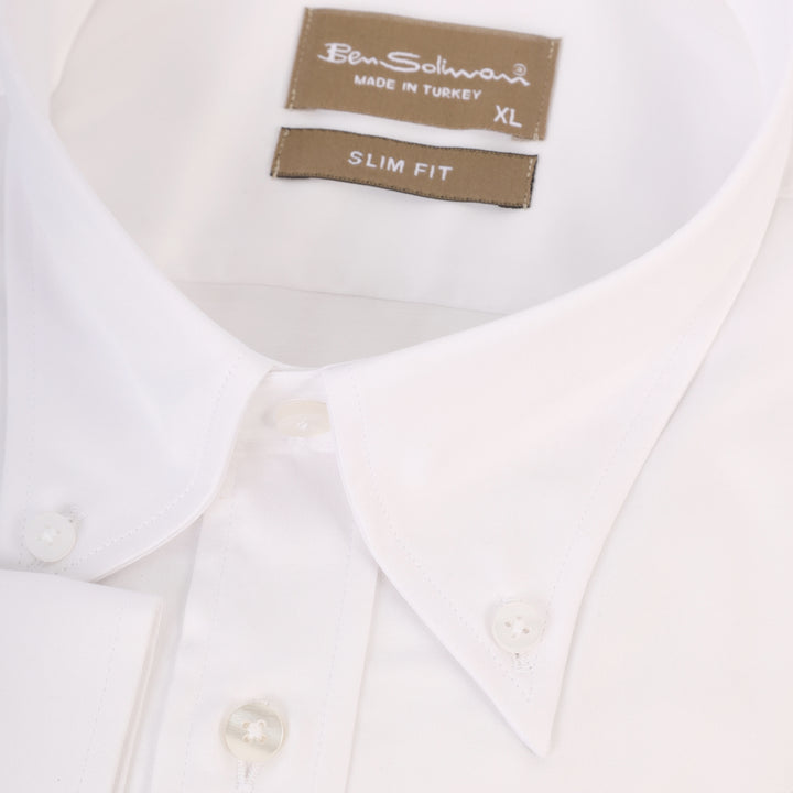 Slim Fit White Formal Stretch Shirt - Long Collar-Turkish Made