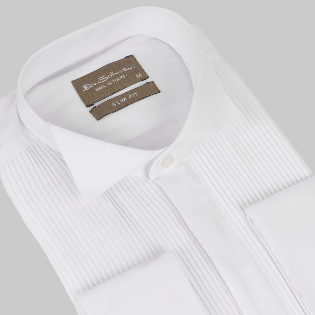 Slim Fit White Pleated Tuxedo Shirt-Turkish Made