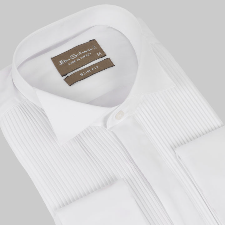 Slim Fit White Pleated Tuxedo Shirt-Turkish Made