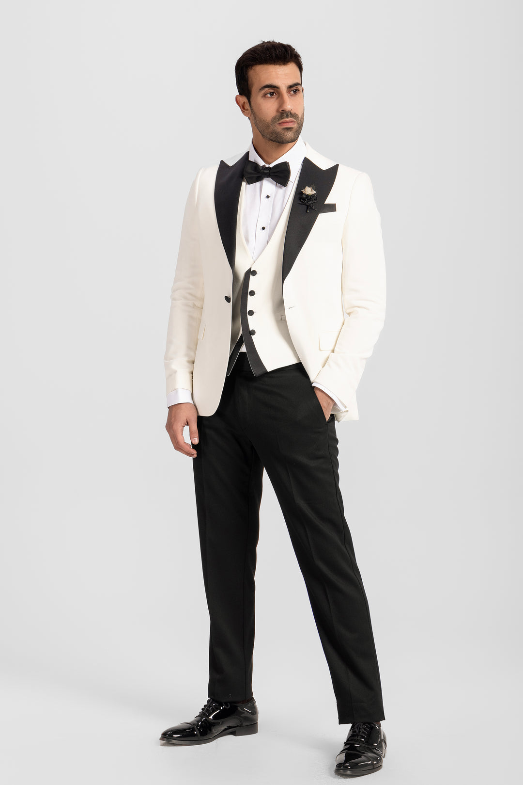 Slim Fit White Tuxedo Suit - Satin Notch Lapel-Turkish Made