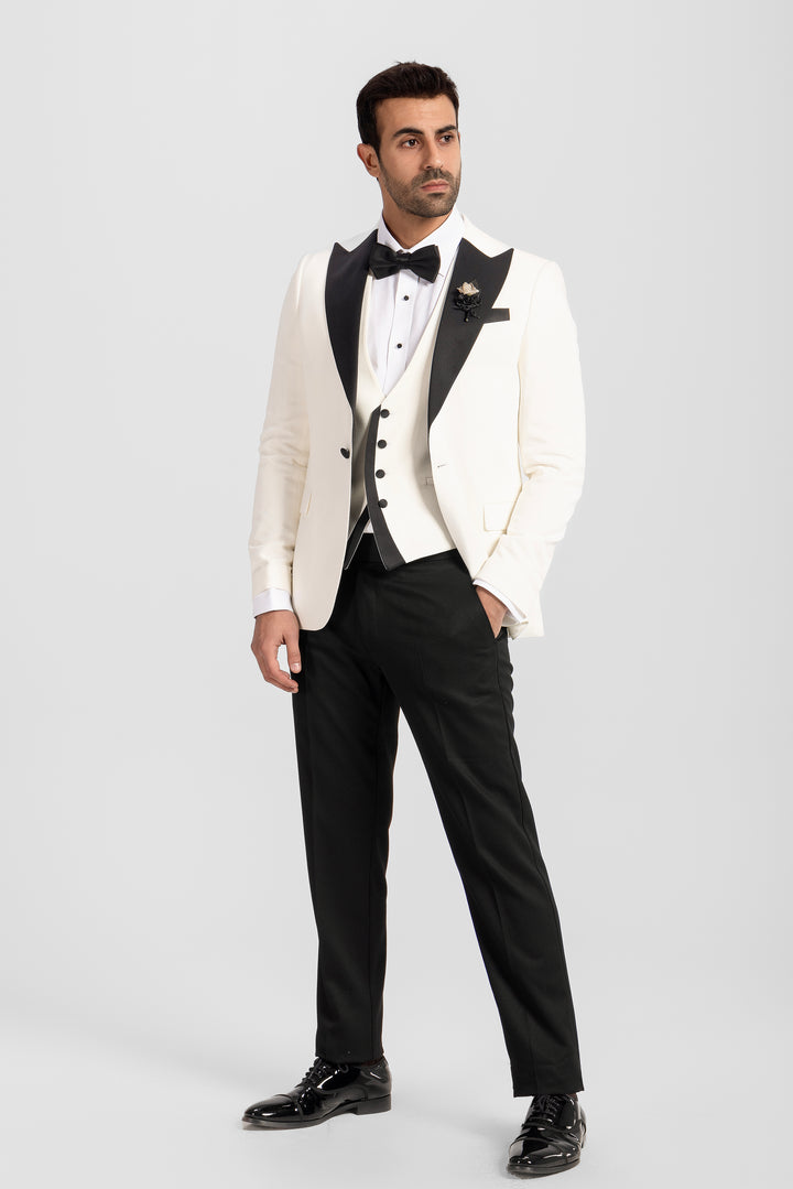 Slim Fit White Tuxedo Suit - Satin Notch Lapel-Turkish Made