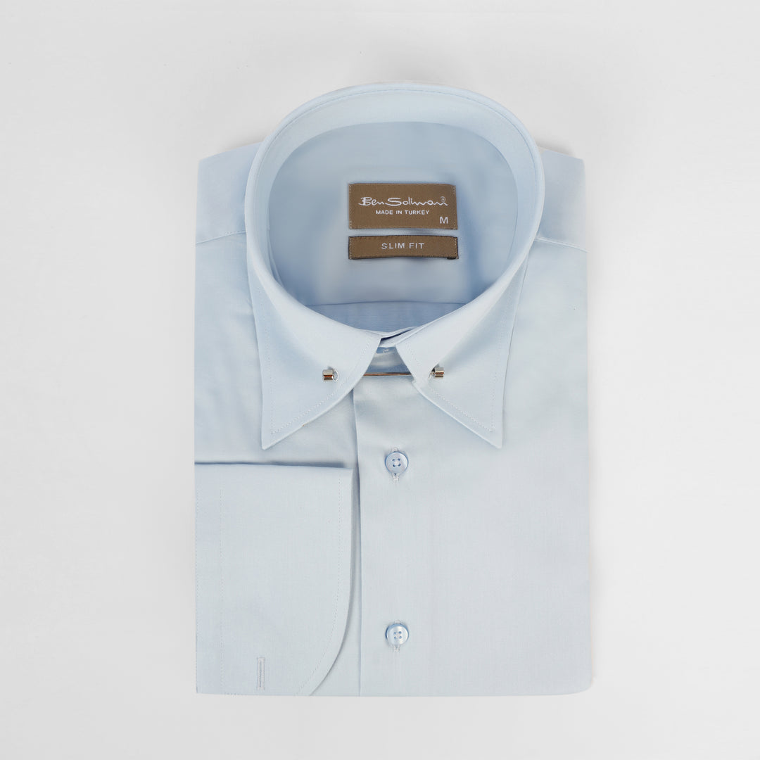 Slim Fit light Blue Cotton Shirt -lapel pin-Turkish Made