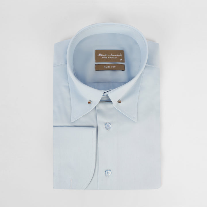 Slim Fit light Blue Cotton Shirt -lapel pin-Turkish Made