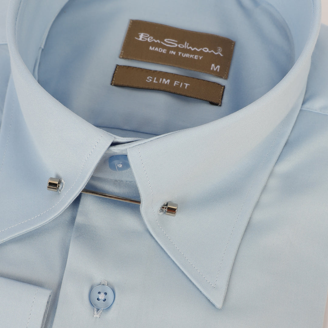 Slim Fit light Blue Cotton Shirt -lapel pin-Turkish Made