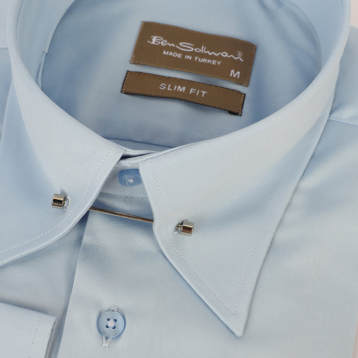 Slim Fit light Blue Cotton Shirt -lapel pin-Turkish Made