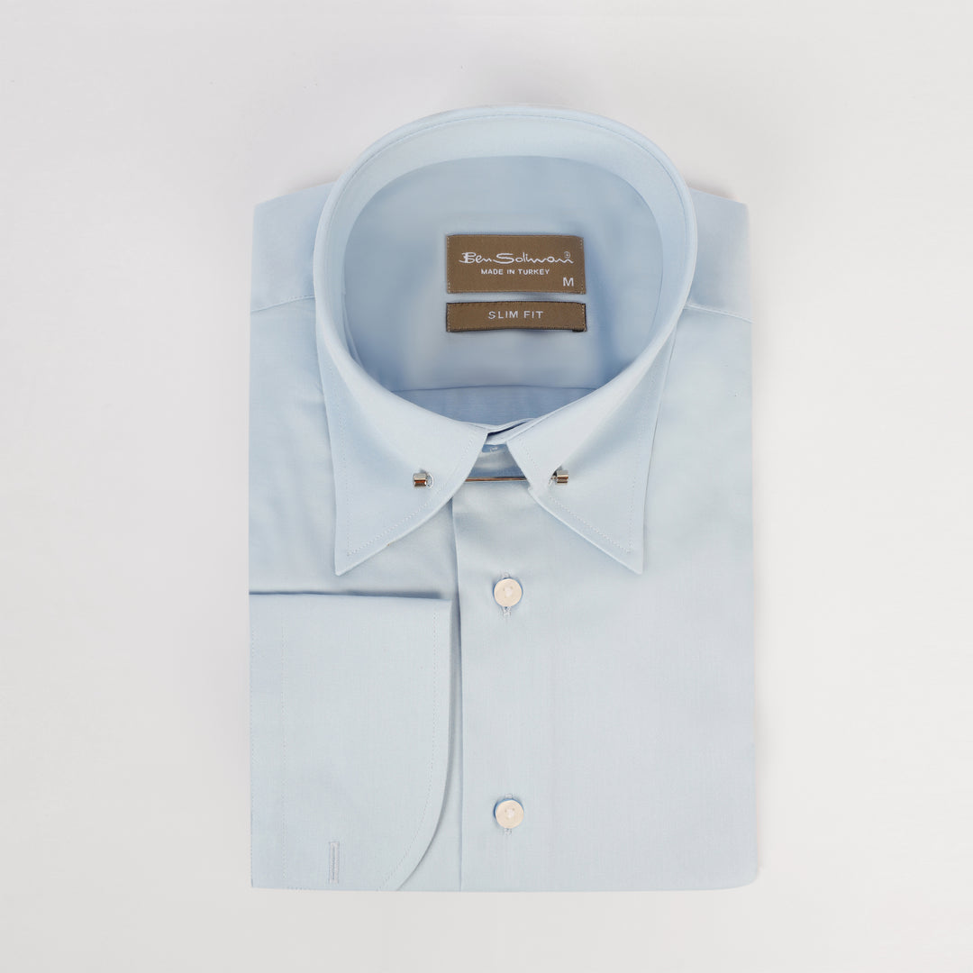 Slim Fit light Blue Pin Stripe Cotton Shirt - lapel pin-Turkish Made