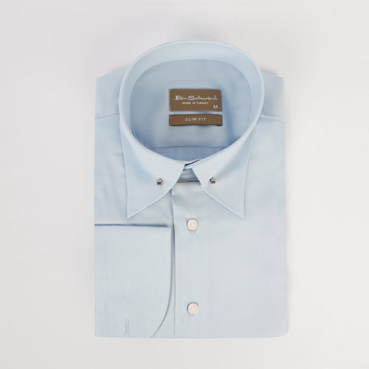 Slim Fit light Blue Pin Stripe Cotton Shirt - lapel pin-Turkish Made