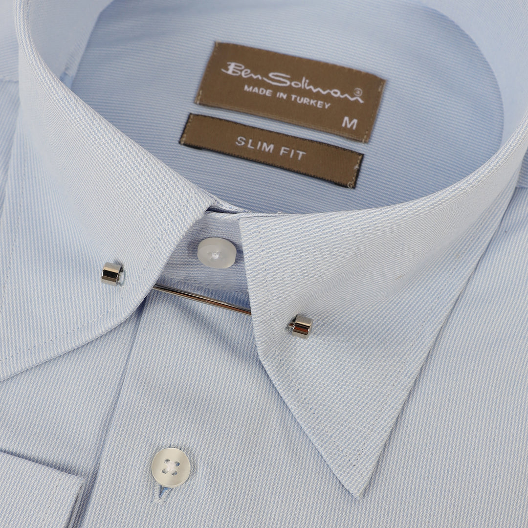 Slim Fit light Blue Pin Stripe Cotton Shirt - lapel pin-Turkish Made
