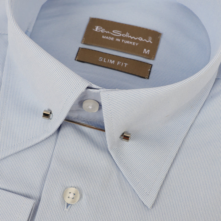 Slim Fit light Blue Pin Stripe Cotton Shirt - lapel pin-Turkish Made