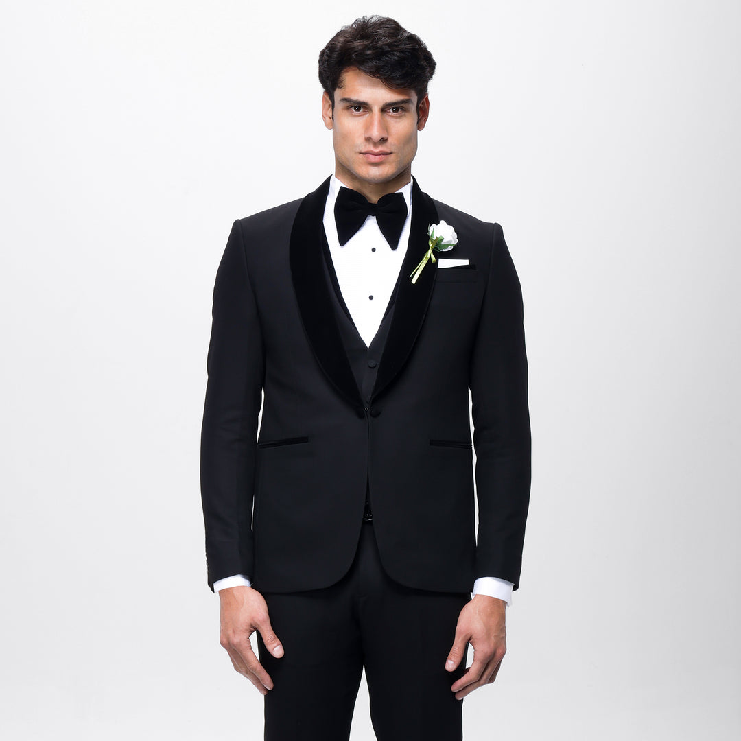 Slim fit black Shawl velvet lapel wedding suit