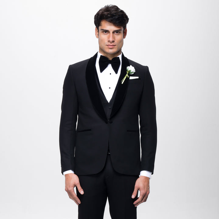 Slim fit black Shawl velvet lapel wedding suit