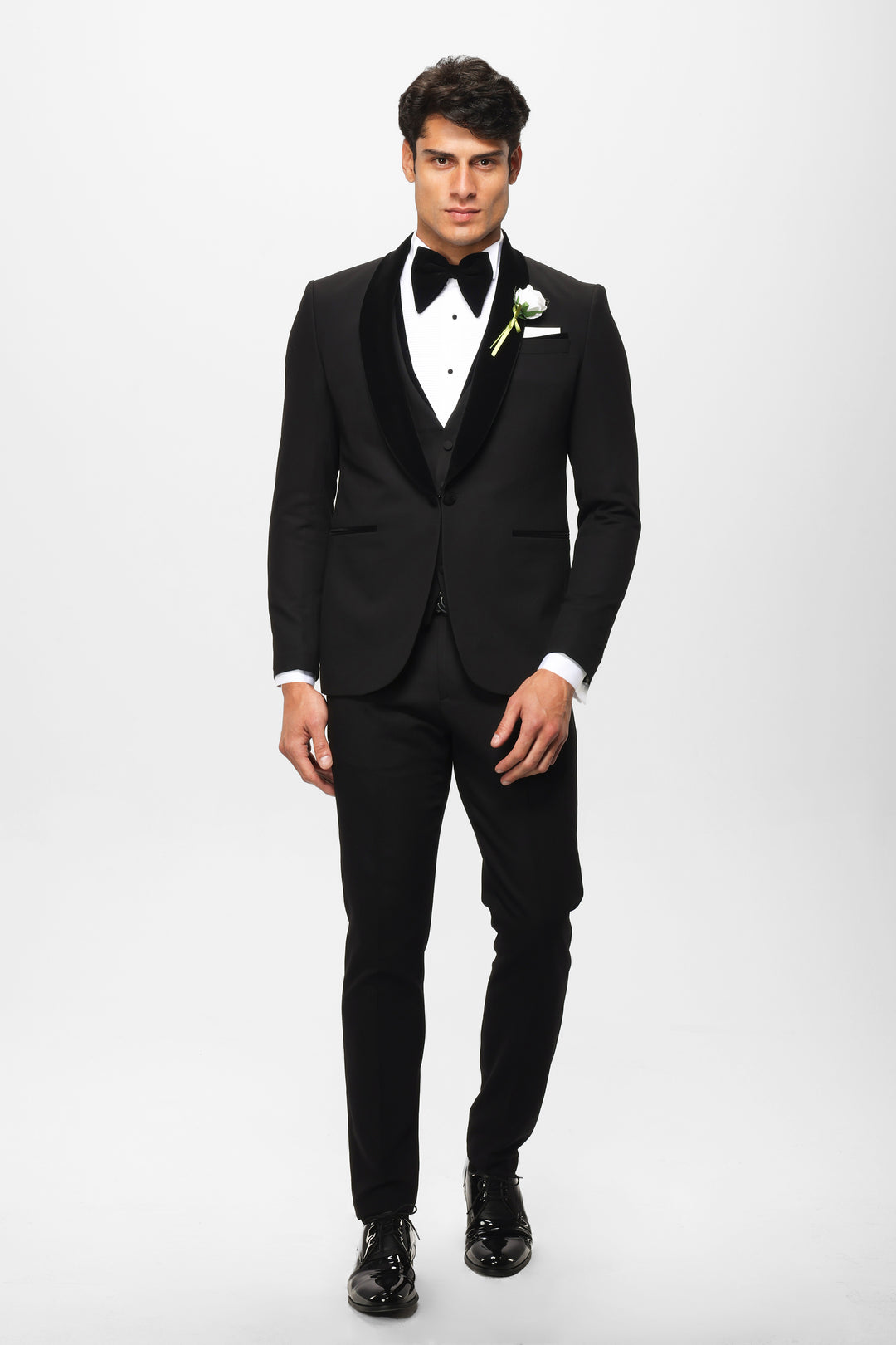Slim fit black Shawl velvet lapel wedding suit