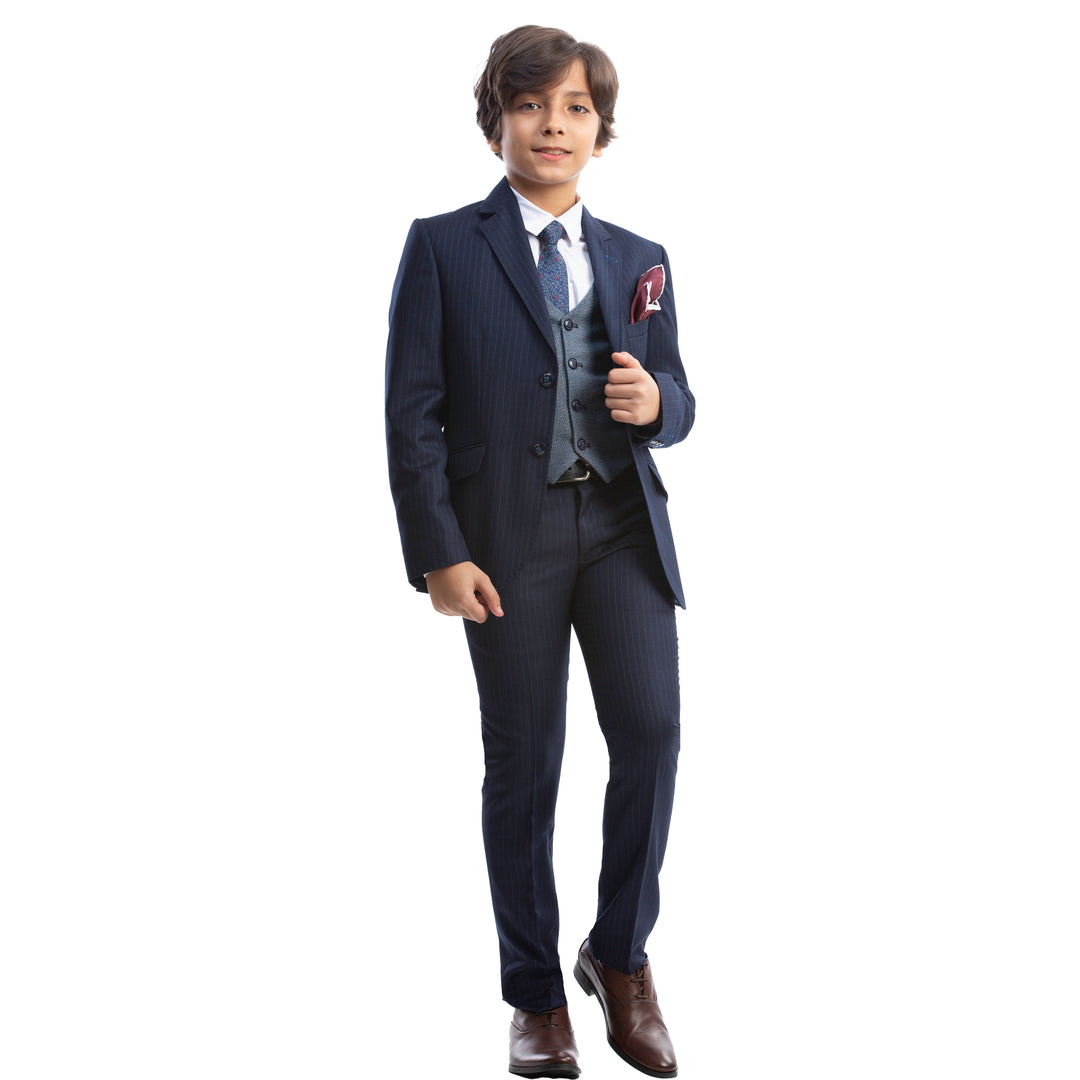 Navy Striped Formal Kids Suit-Turkish Made