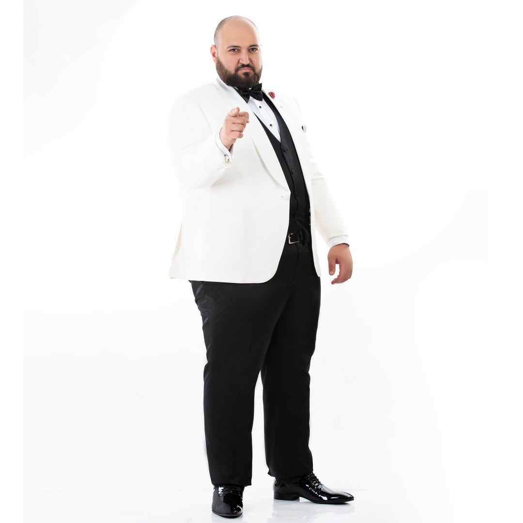 Plus Size Off White Tuxedo Suit-Turkish Made
