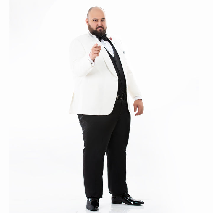 Plus Size Off White Tuxedo Suit-Turkish Made