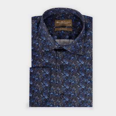 Slim Fit Navy Cotton Shirt - Paisley Pattern