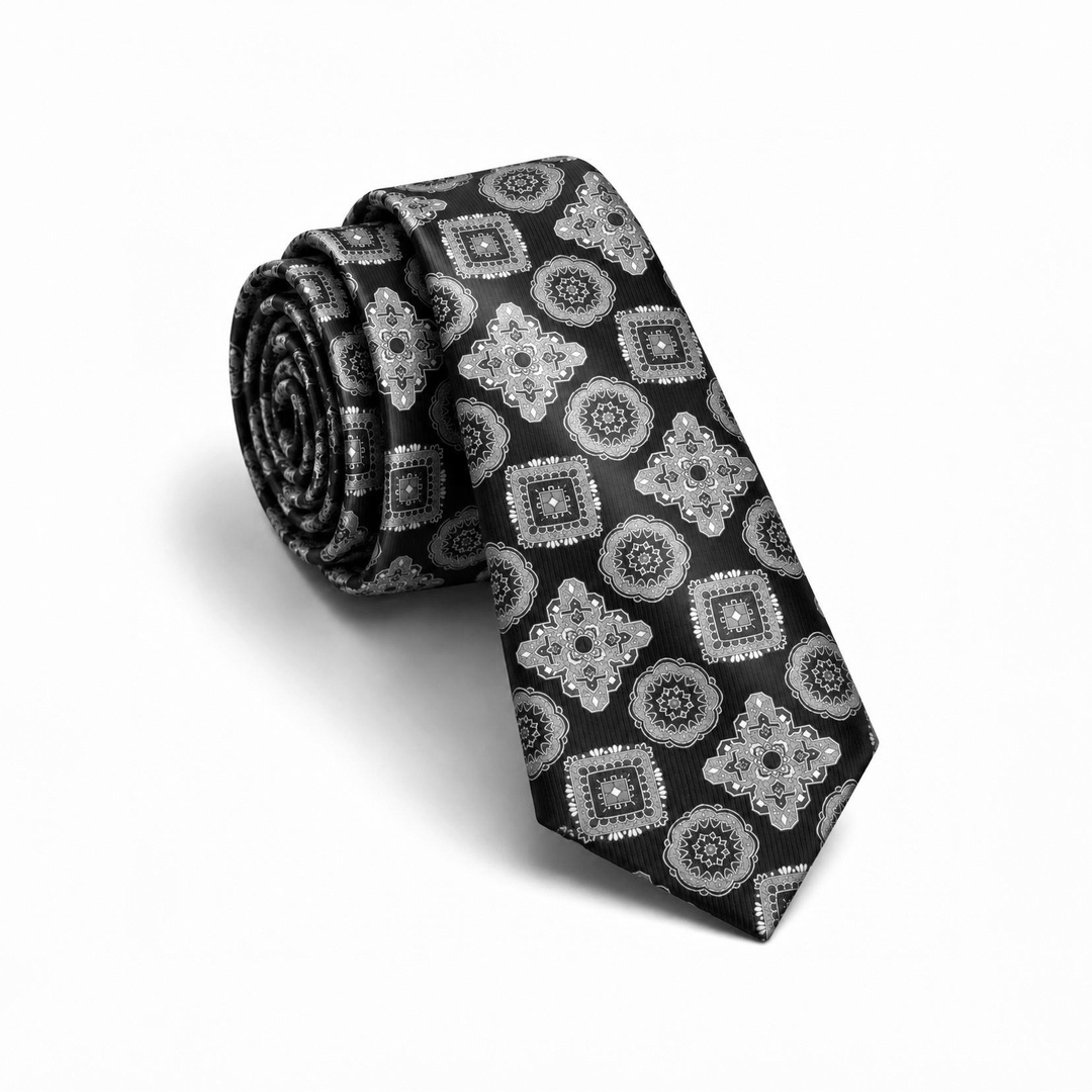 Navy Tie with Grey Geometric Pattern