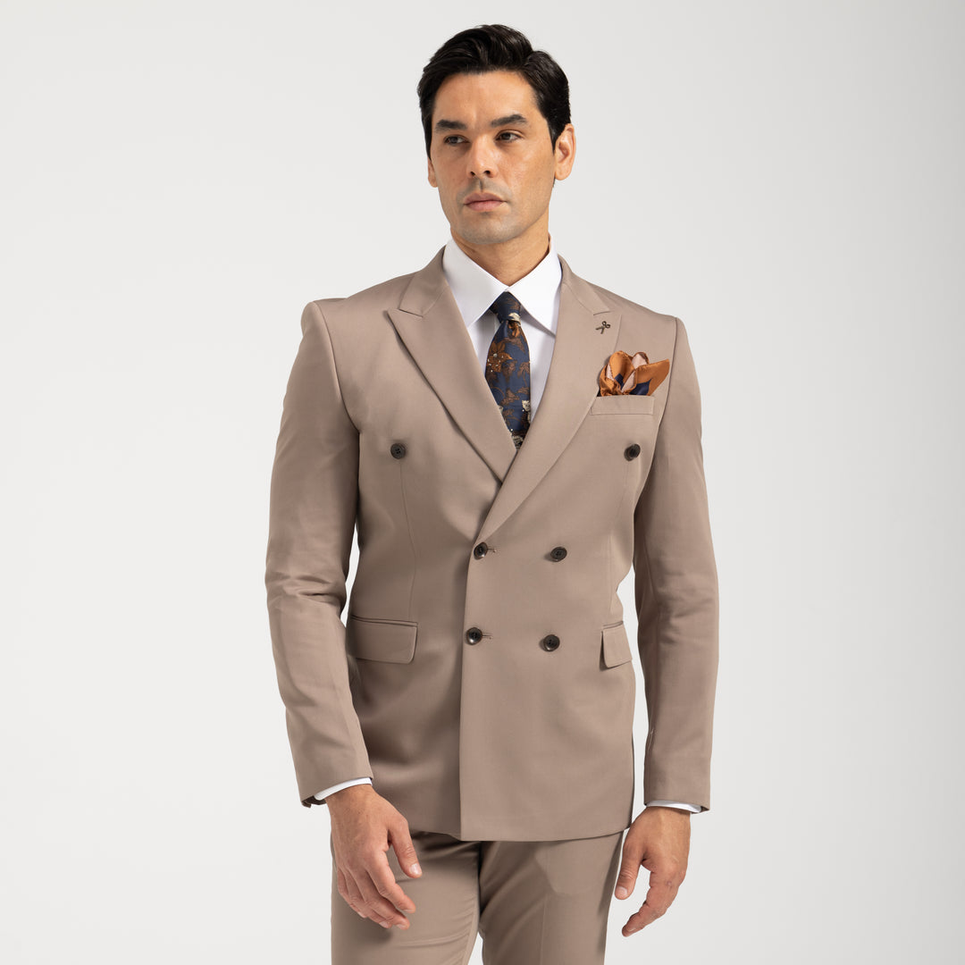 Slim Fit Biege Double Breasted Smart Suit - Turkish made
