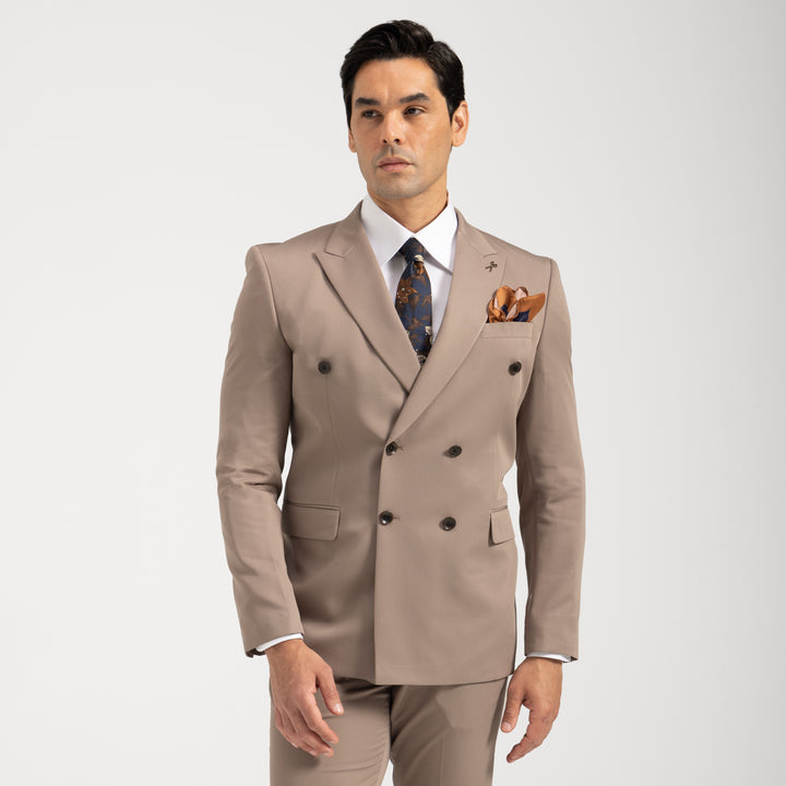 Slim Fit Biege Double Breasted Smart Suit - Turkish made