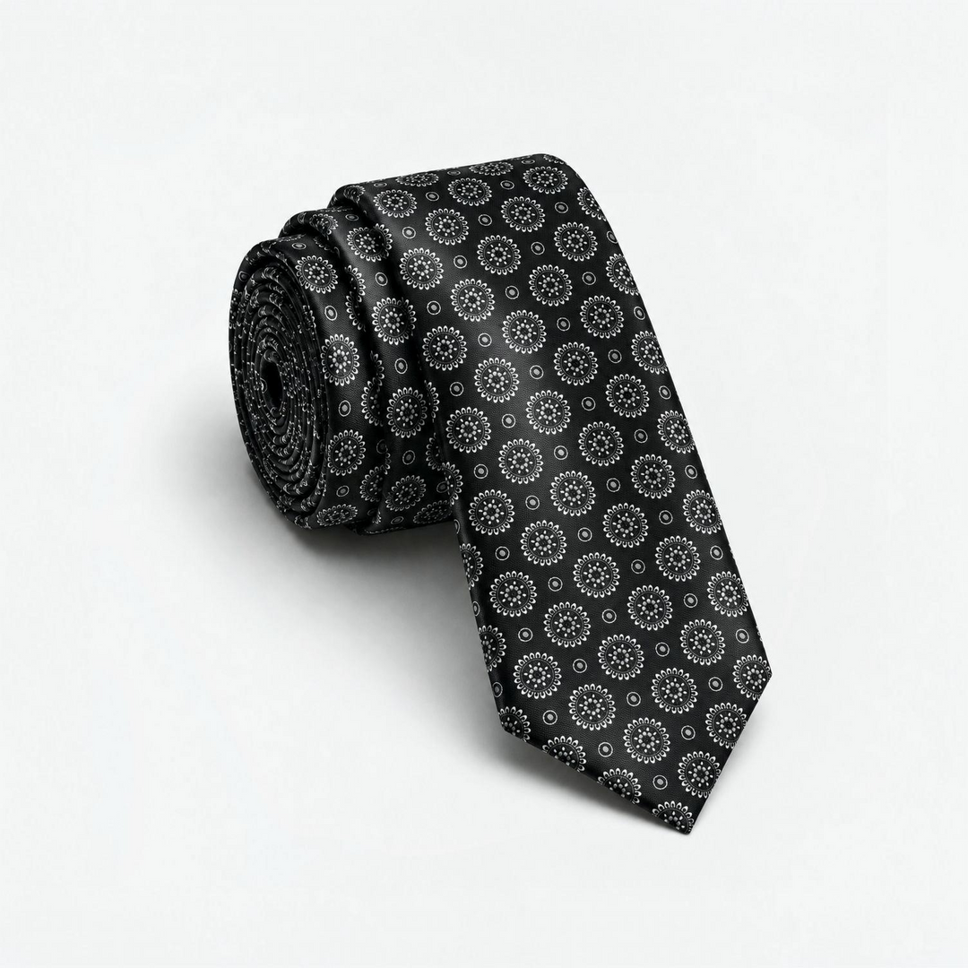 Black Tie with White Medallion Pattern - Turkish made