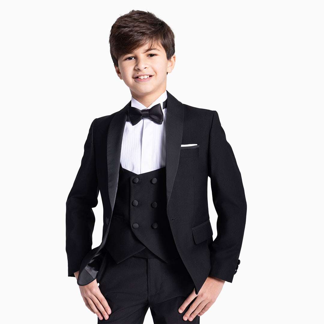 Black Tuxedo Kids Suit-Satin Shawl lapel - Turkish Made