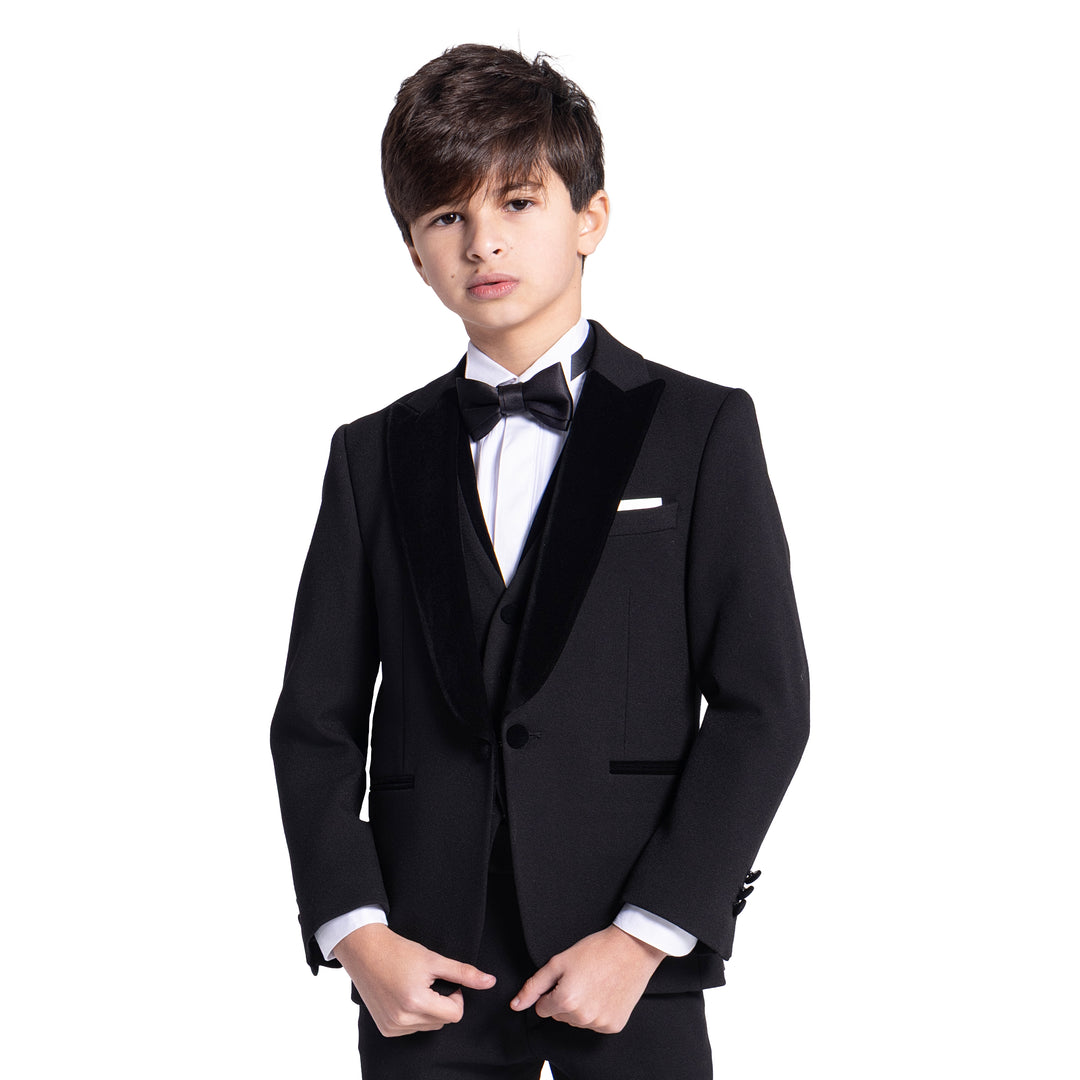 Black Tuxedo Kids Suit-velvet peak lapel - Turkish Made