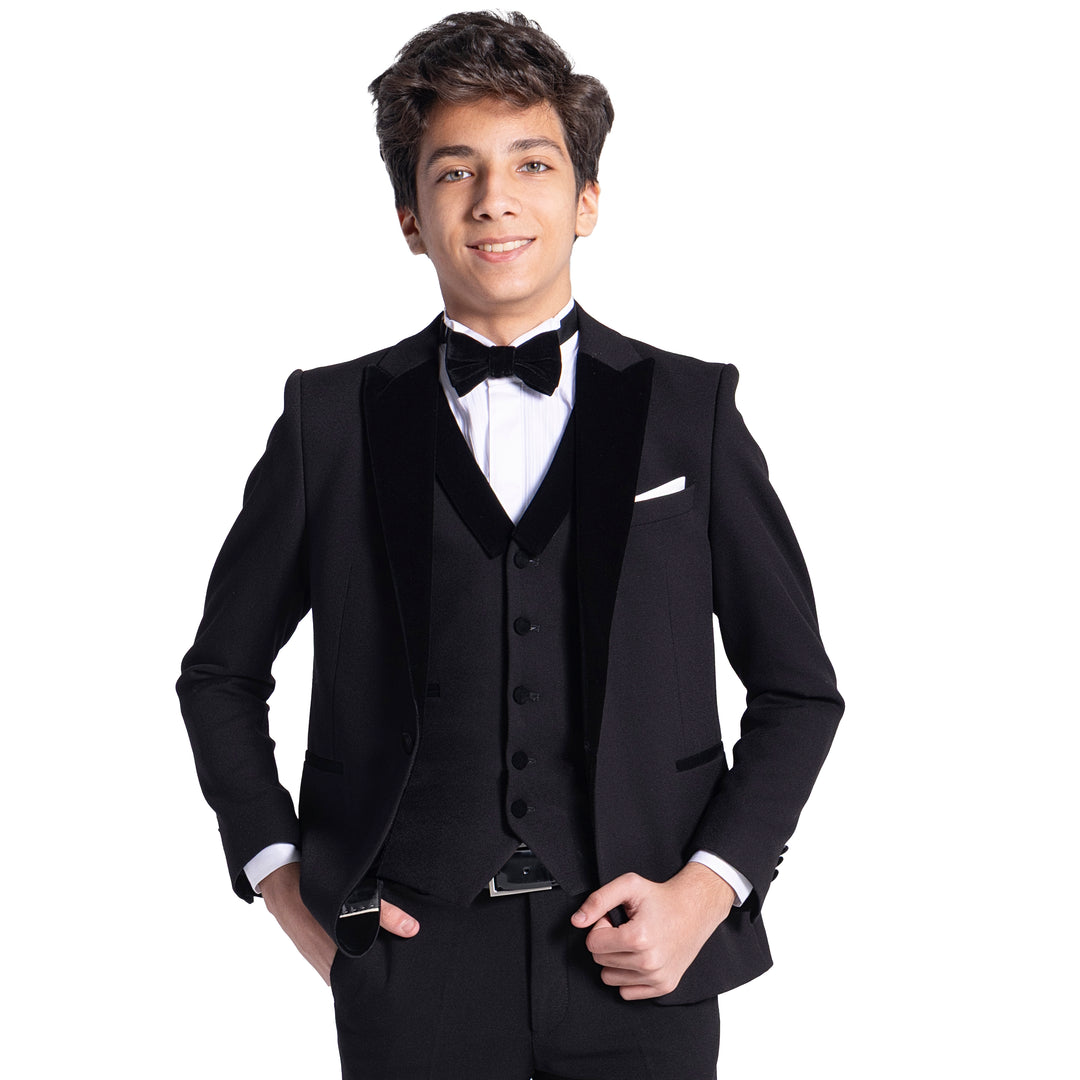 Black Tuxedo Kids Suit - Velvet Peak lapel - Turkish Made