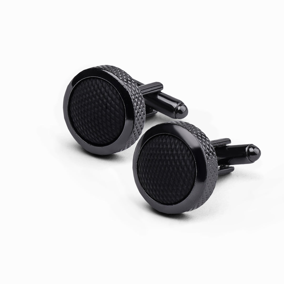 Black circular cufflink with inner texture - Turkish Made