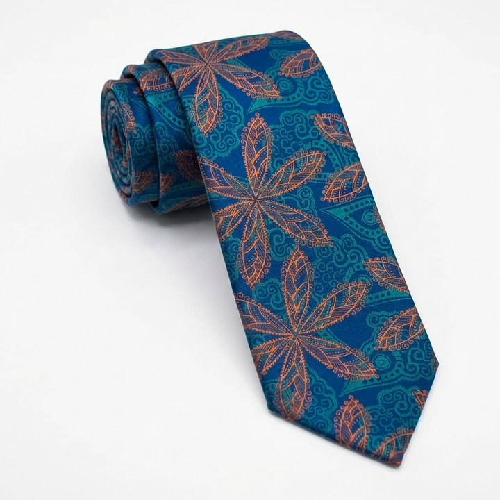 Blue Floral Pattern Tie- Turkish made