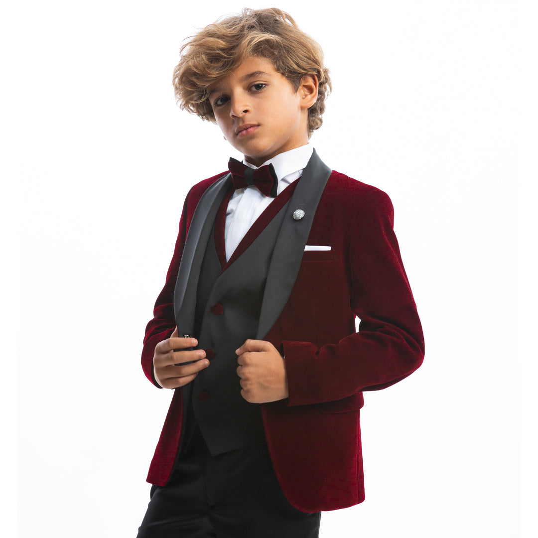 Bordo Kids Tuxedo Suit - Satin Shawl lapel - Turkish made
