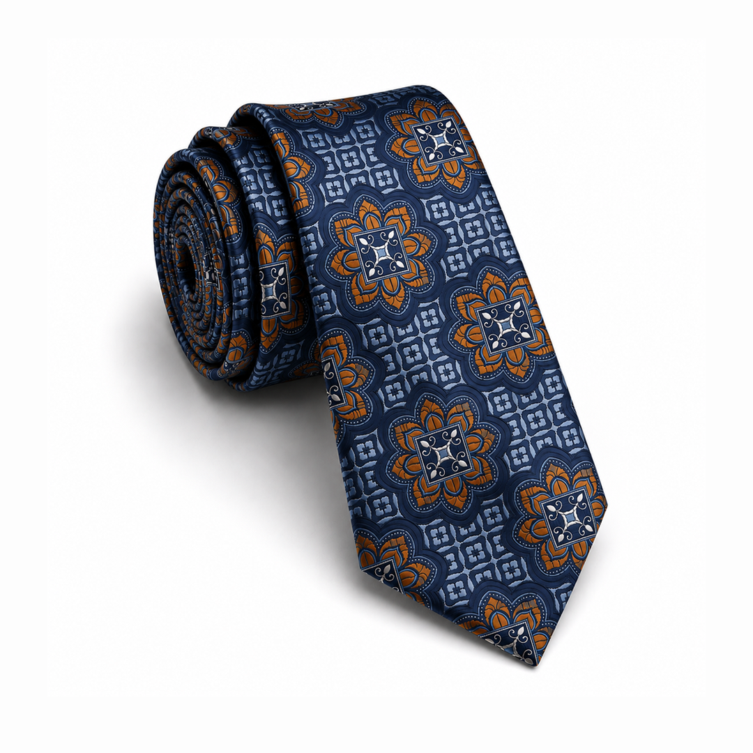 Navy & Orange Medallion Pattern Tie – Turkish Made
