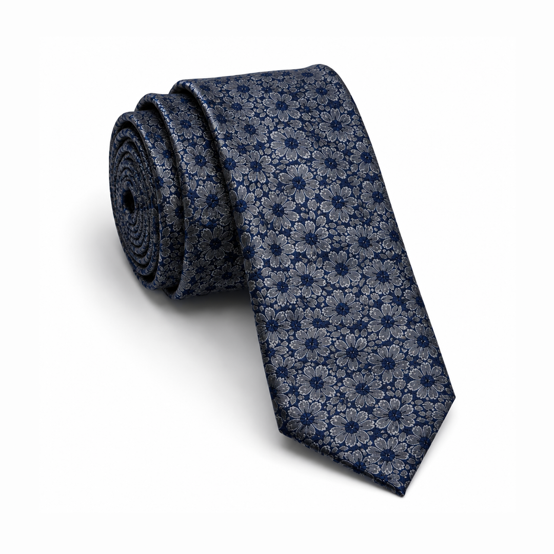 Navy Tie with Gray Floral Pattern – Turkish Made