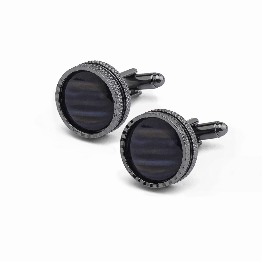 Dark Silver circular cufflink With Outer Texture - Turkish made