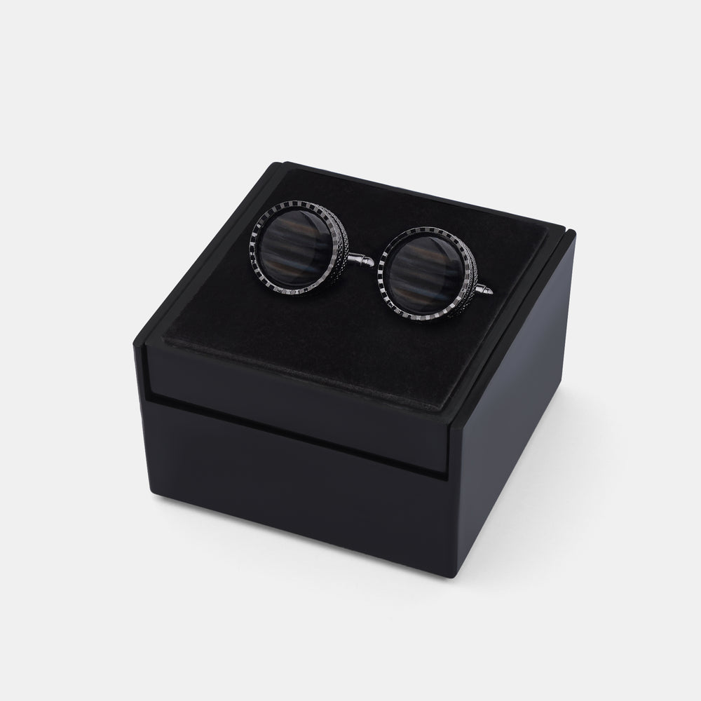 Dark Silver circular cufflink With Outer Texture - Turkish made