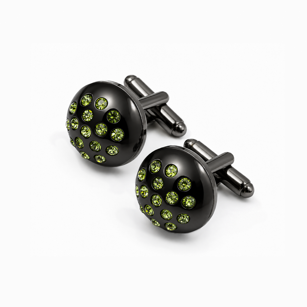 Gray Round cufflink with green strass - Turkish made