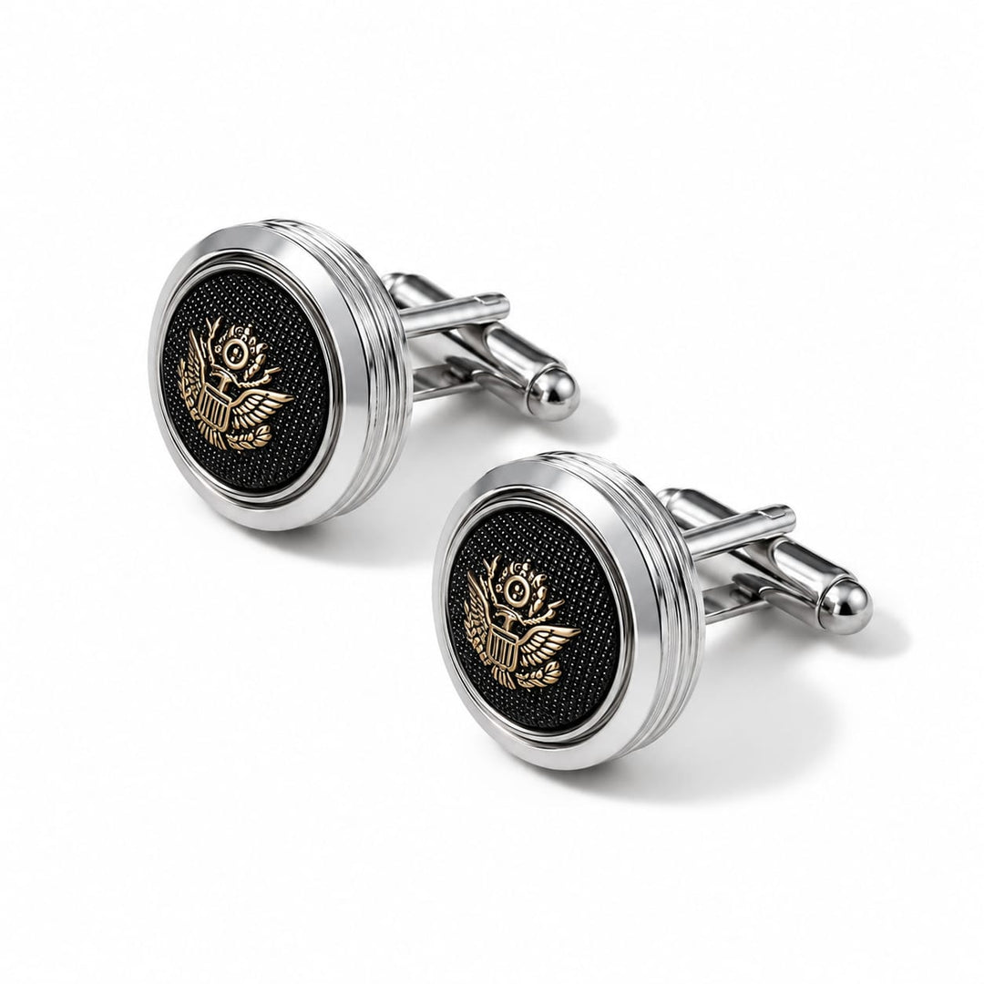 Silver Round Cufflinks with Gold Eagle Emblem - Turkish made