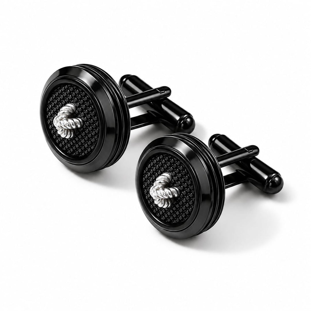 Black Round Cufflinks with Silver Knot Detail - Turkish made
