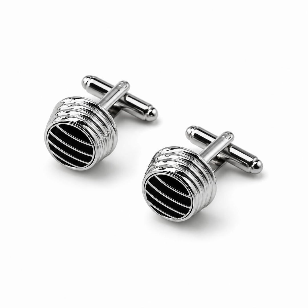Silver & Black Striped Round Cufflinks - Turkish made