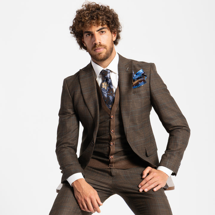 Slim-fit Brown Pattern suit - vest enhanced with knit fabric- Turkish made