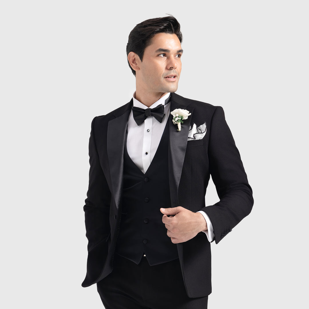 Slim Fit Black Wedding Suit -Satin Notch Lapel-Turkish Made