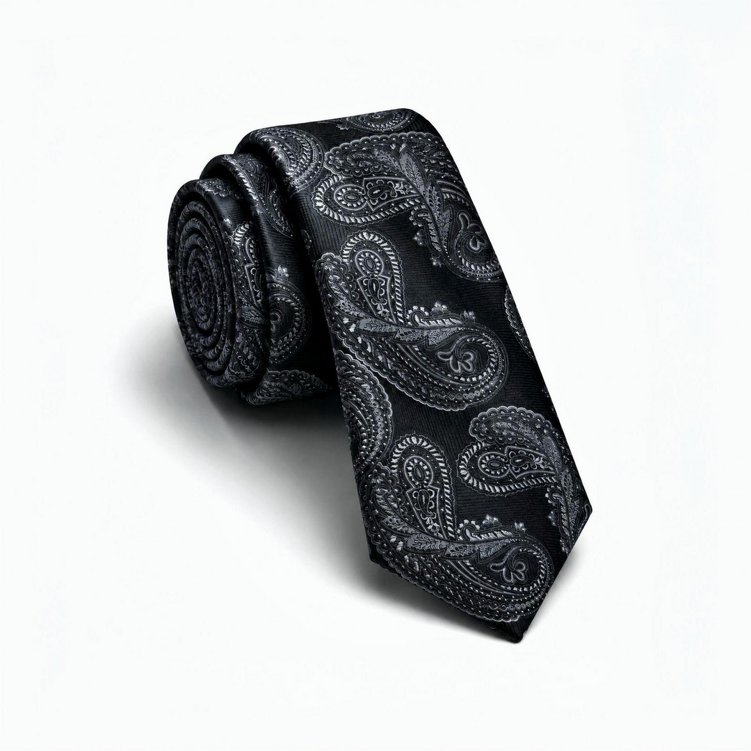 Black Tie with Grey Paisley Pattern -Turkish Made