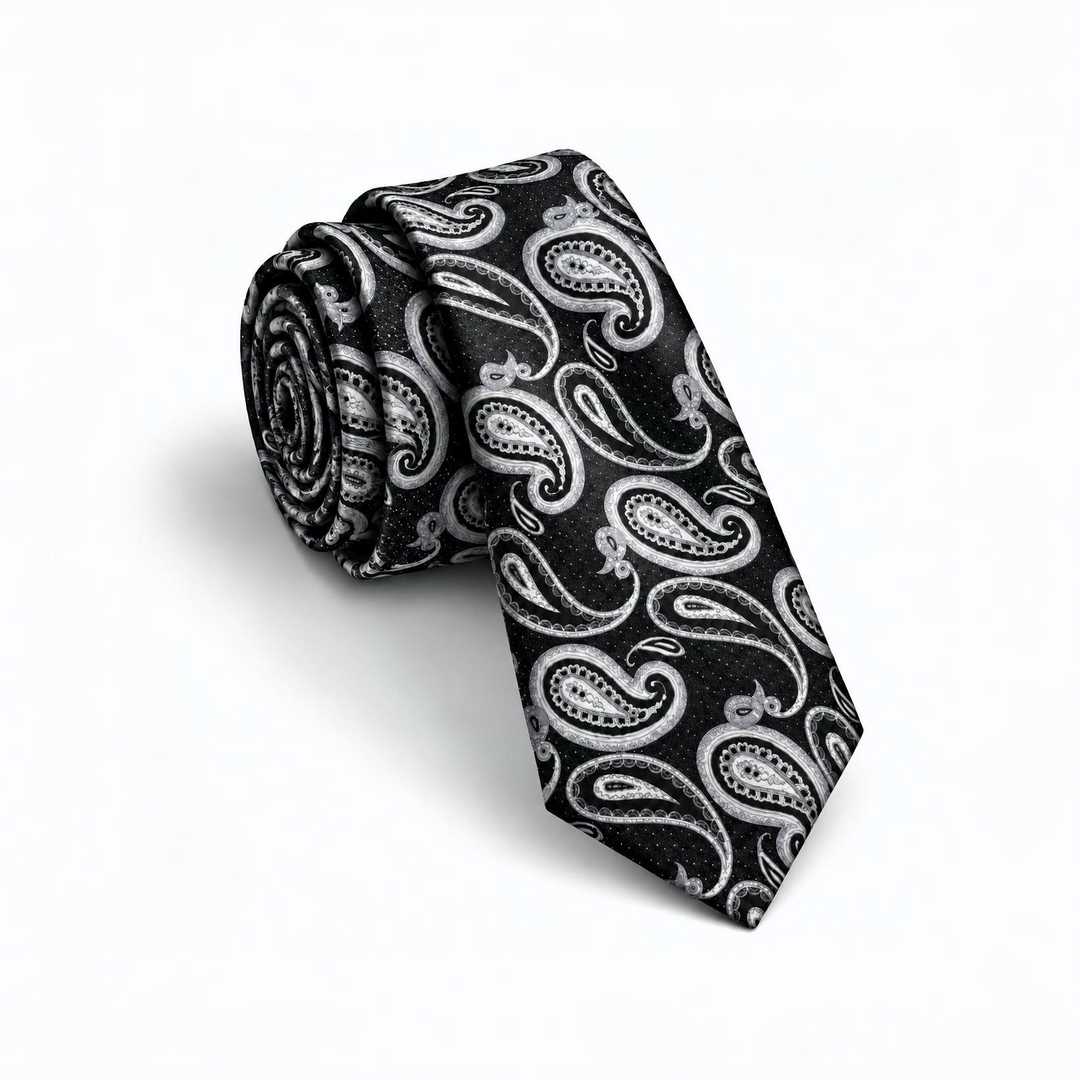 Black Tie with White & Grey Paisley Pattern
