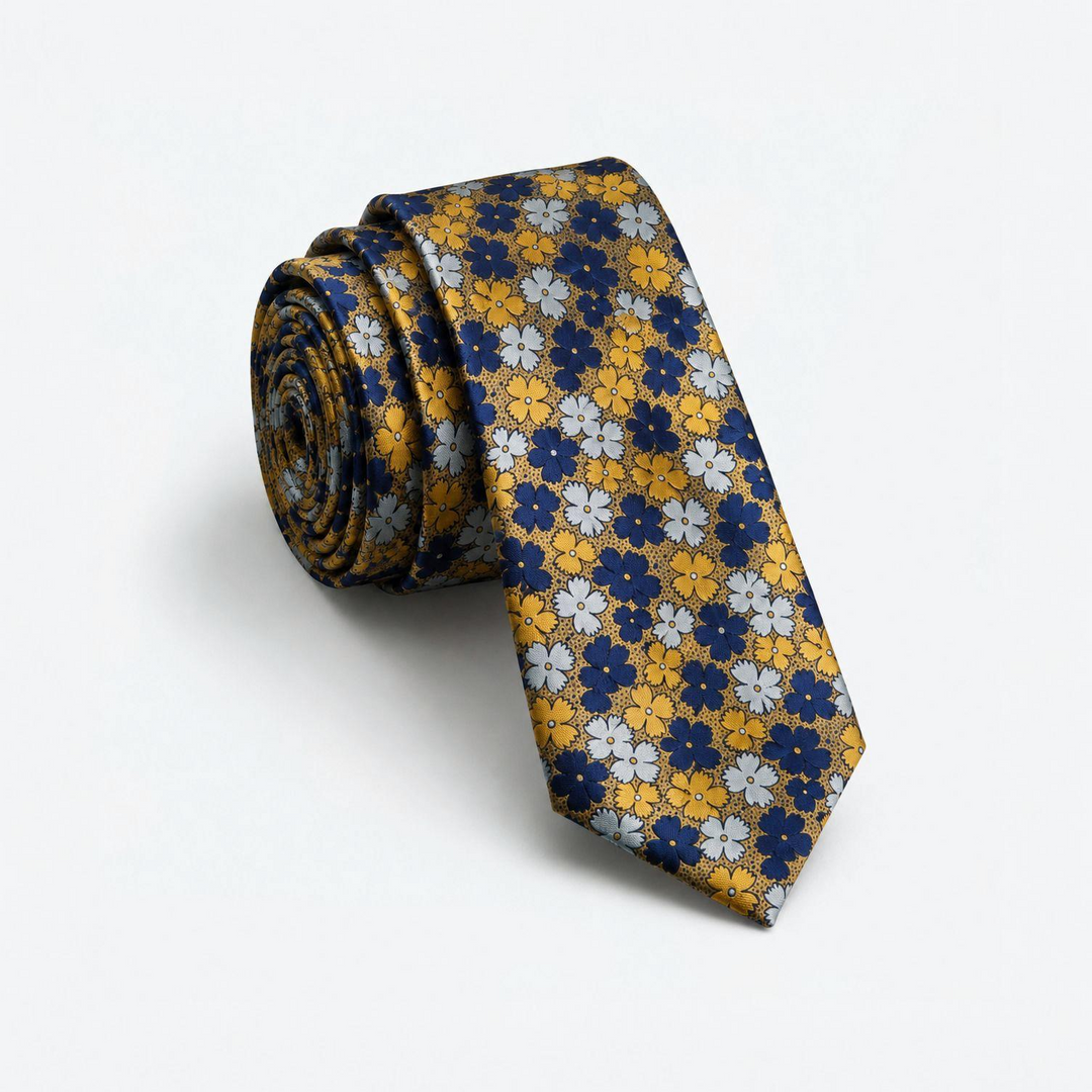 Yellow Tie with Navy and Light Blue Floral Pattern -Turkish Made