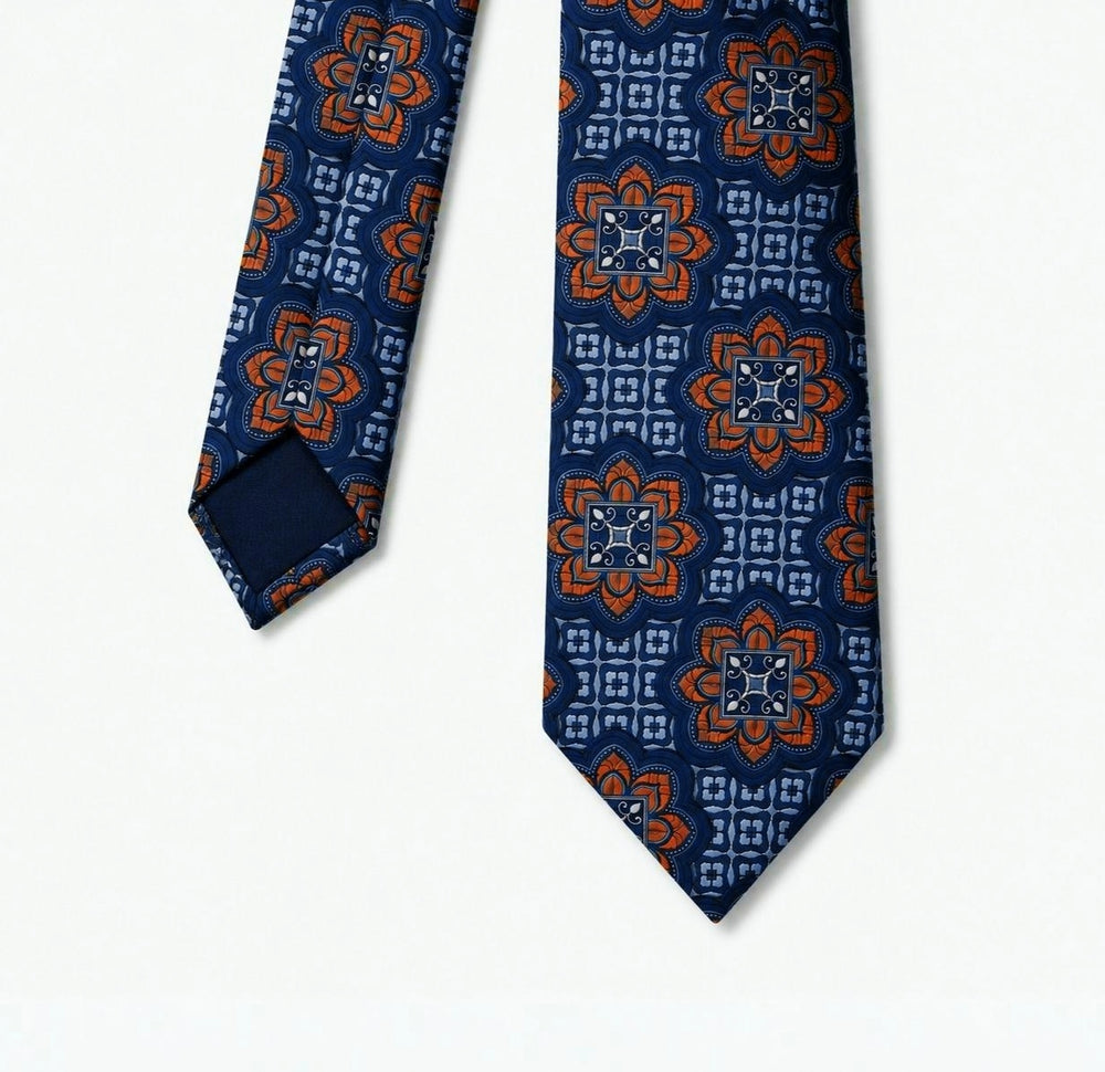 Navy & Orange Medallion Pattern Tie – Turkish Made