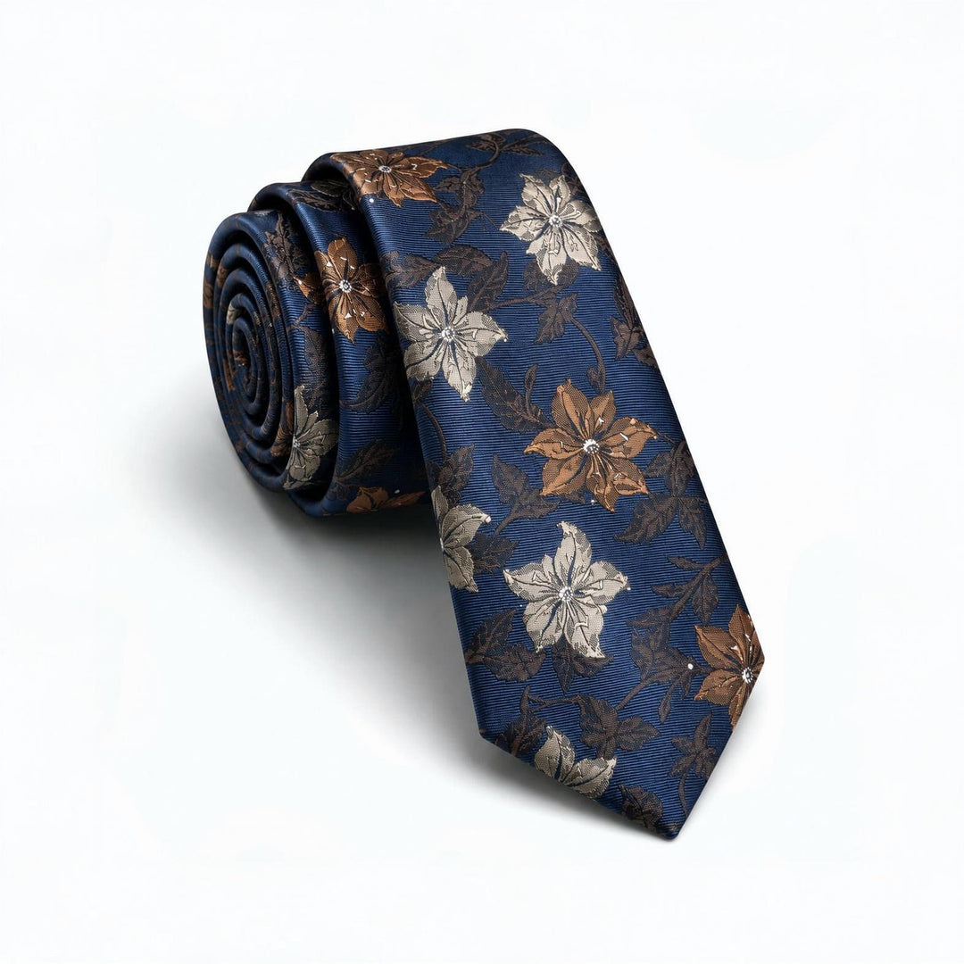 Navy Tie with Brown and Beige Floral Pattern - Turkish made