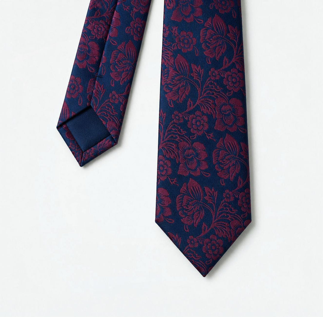 Navy Tie with Burgundy Floral Pattern – Turkish Made
